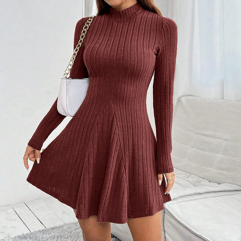 Long Sleeve High Waisted Flare Hem Casual Dress