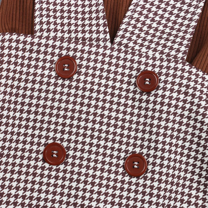 Solid turtleneck tops + plaid suspender skirt set