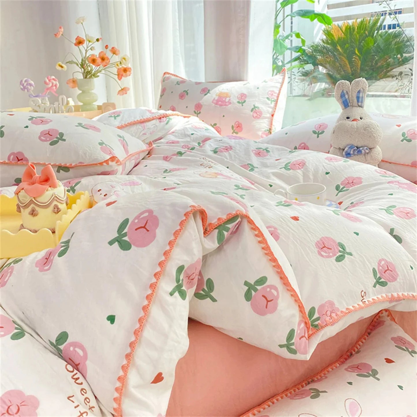 Flowers rabbit comforter soft bedding set