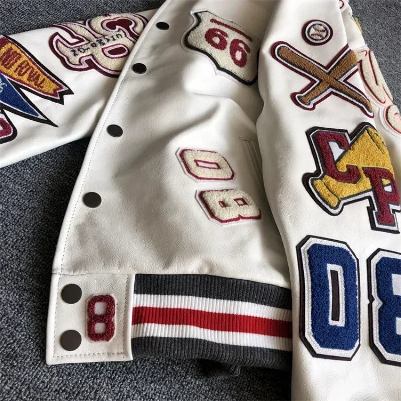Trendy embroidery leather jacket