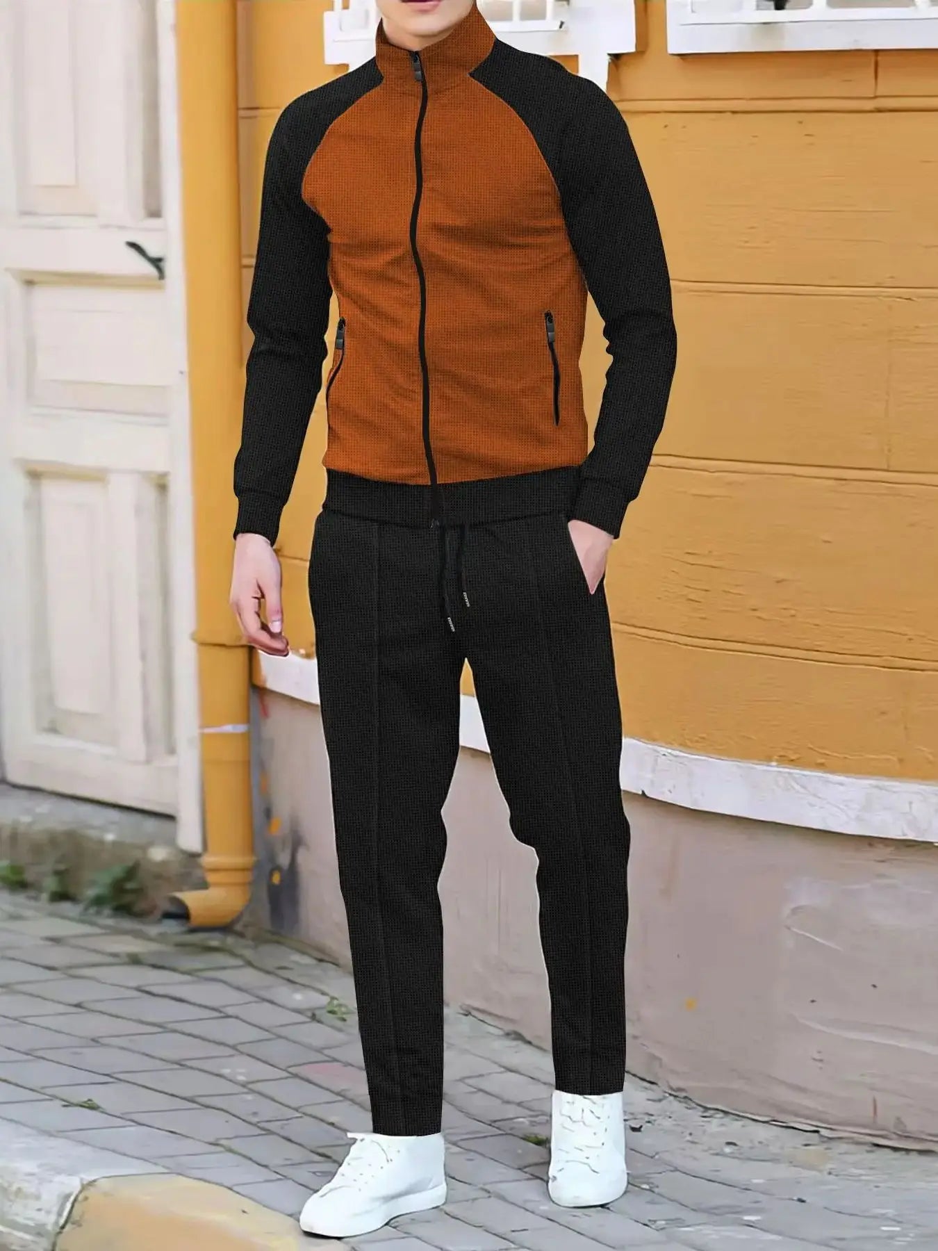 Men's plain waffle long sleeve pants suit
