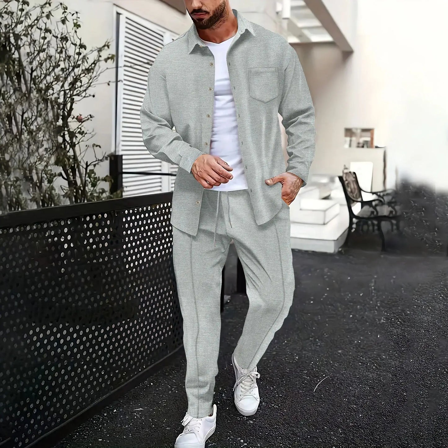 Men's plain waffle long sleeve pants suit