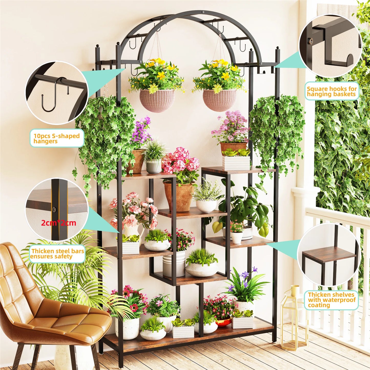 Arched metal flower shelf with hanging hooks