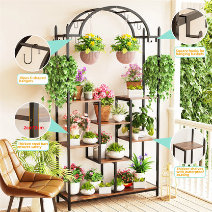 Arched metal flower shelf with hanging hooks