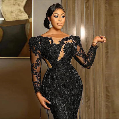 Lace appliques crystal beaded party dress
