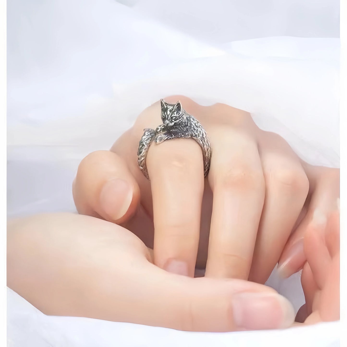 Vintage Black Alloy Cartoon Kitten Open Ring