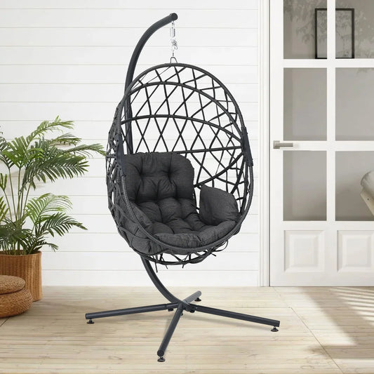 Woven outdoor egg chair with stand and cushion