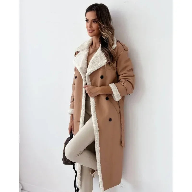 Ladies long sleeved lapel collar elegant soft coat