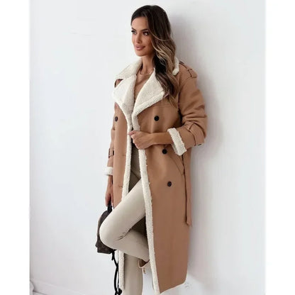 Ladies long sleeved lapel collar elegant soft coat