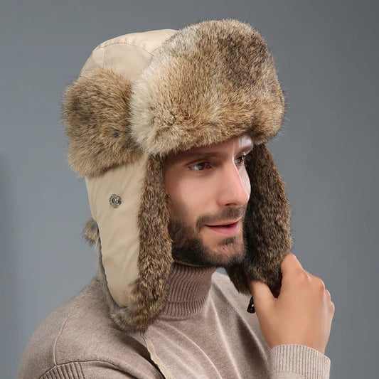 Windproof super warm real rabbit fur bomber hat