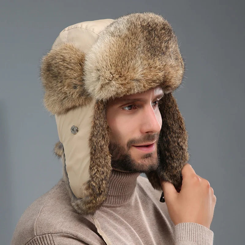 Windproof Super Warm Real Rabbit Fur Bomber Hat