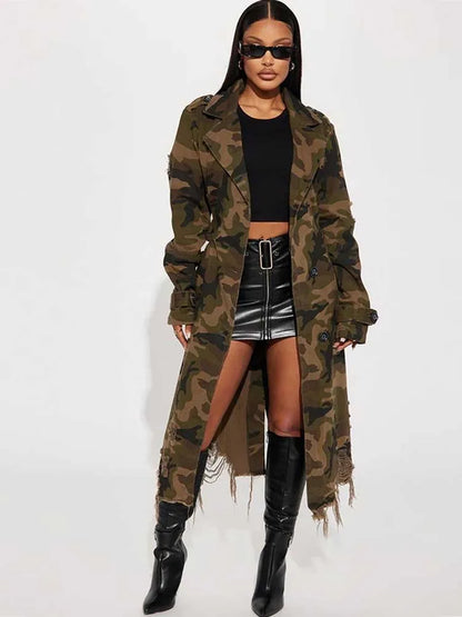 Camouflage long lace up straight coat