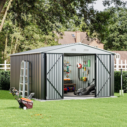 Outdoor metal storage shed with floor frame base