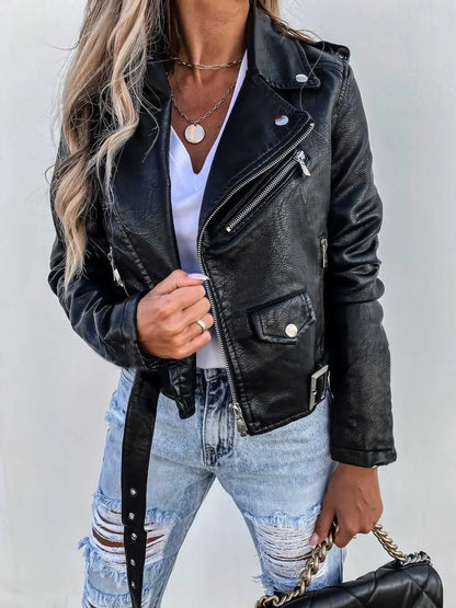 Women's long sleeve zipper pu leather jacket
