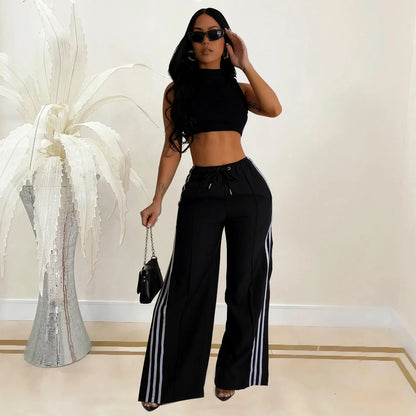 High waist stripe patchwork lace up pants