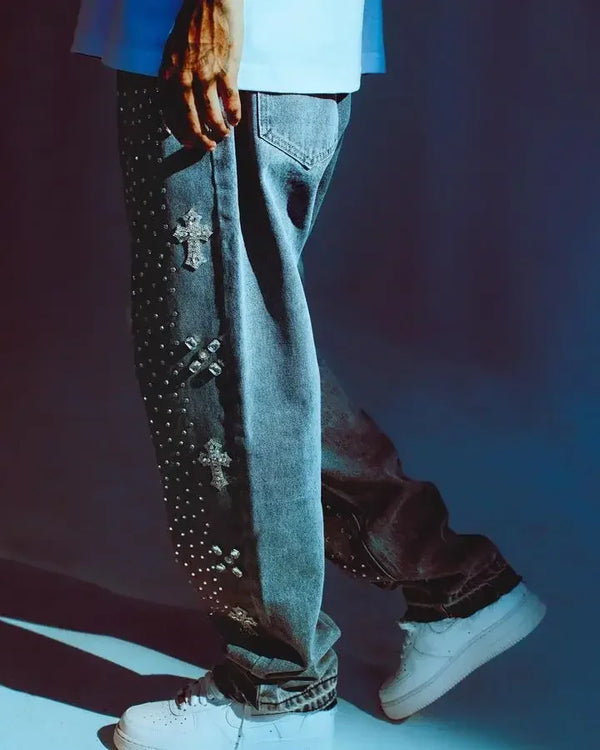 Gothic Retro Cross Rhinestone Wide Leg Trouser
