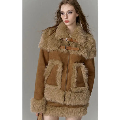 Imitation fur spliced short skirt two-piece suit
