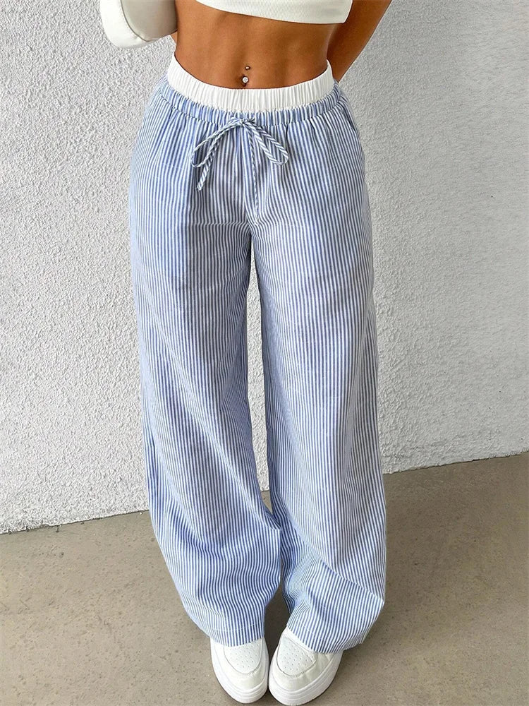 Women's casual striped woven wide leg pants