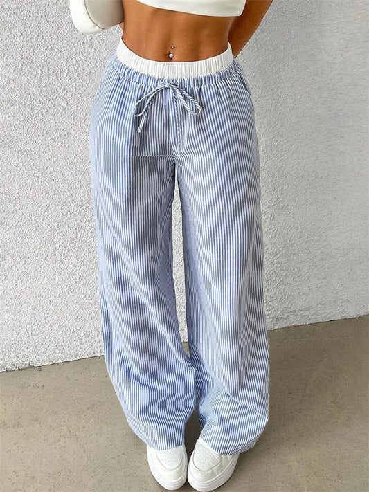 Women's casual striped woven wide leg pants