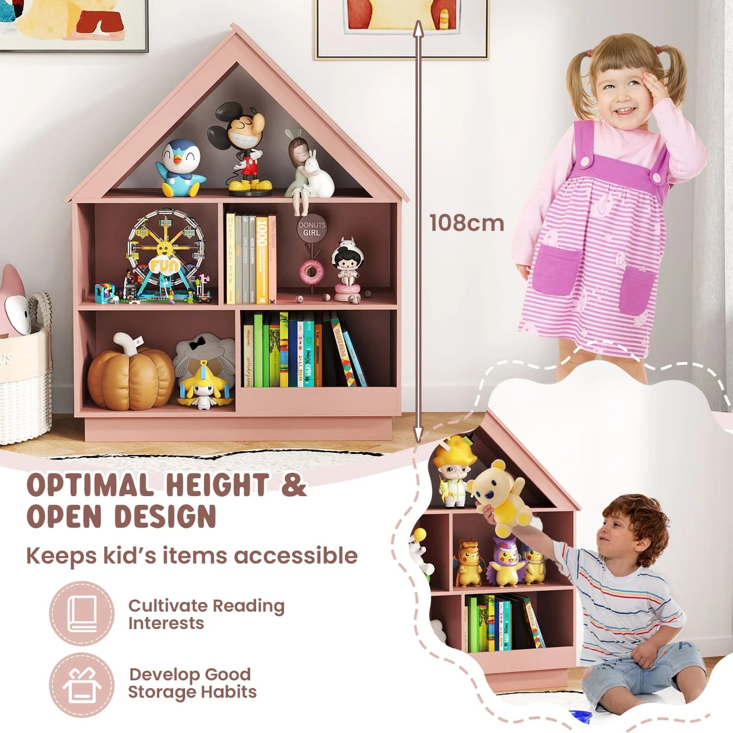 Bookshelf wooden 5-cubby kid's dollhouse toy