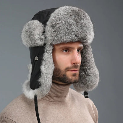 Windproof super warm real rabbit fur bomber hat