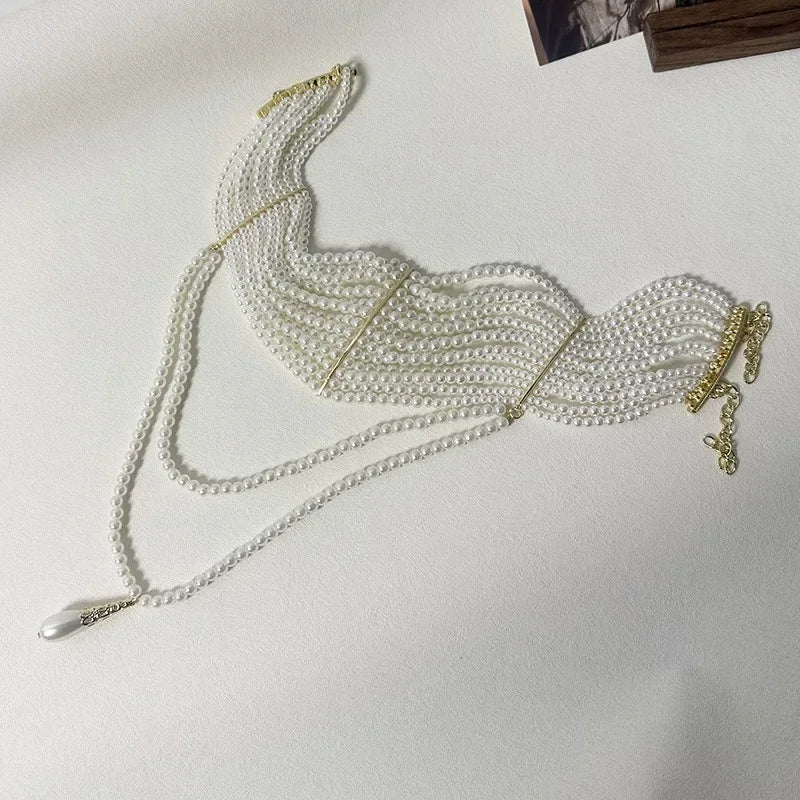 Multi Layer Simulated Pearl Tassel Pendant Necklace
