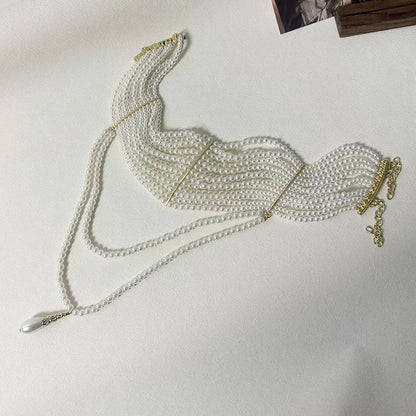 Multi Layer Simulated Pearl Tassel Pendant Necklace