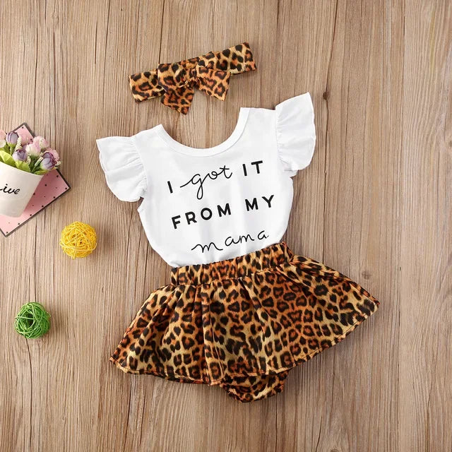 Leopard Print Short Sleeve Romper 3pcs Outfit Set