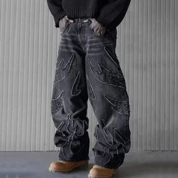 Embroidered Wide Leg Denim Trousers