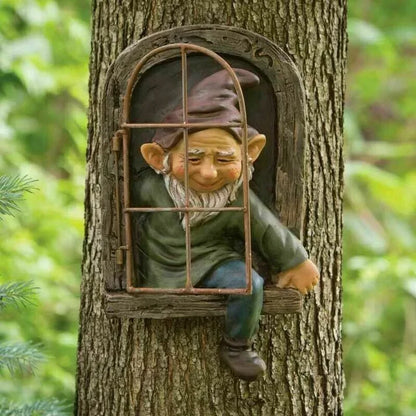 Creative garden gnome statue elf out tree hug