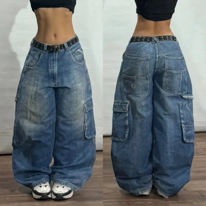 Fashion retro punk high waist wide leg trousers
