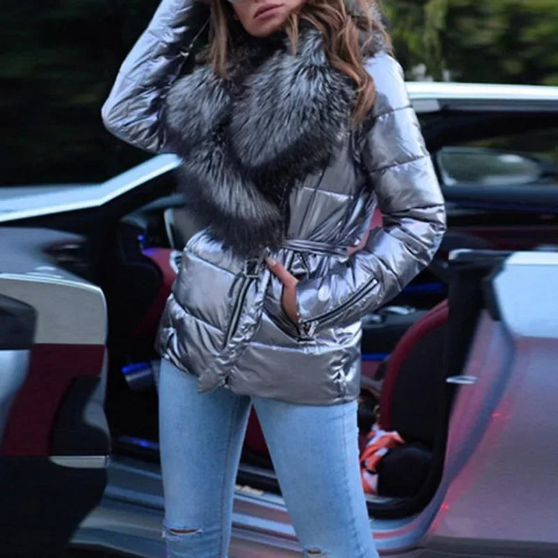 Women's glossy big fur collar cotton-padded coat