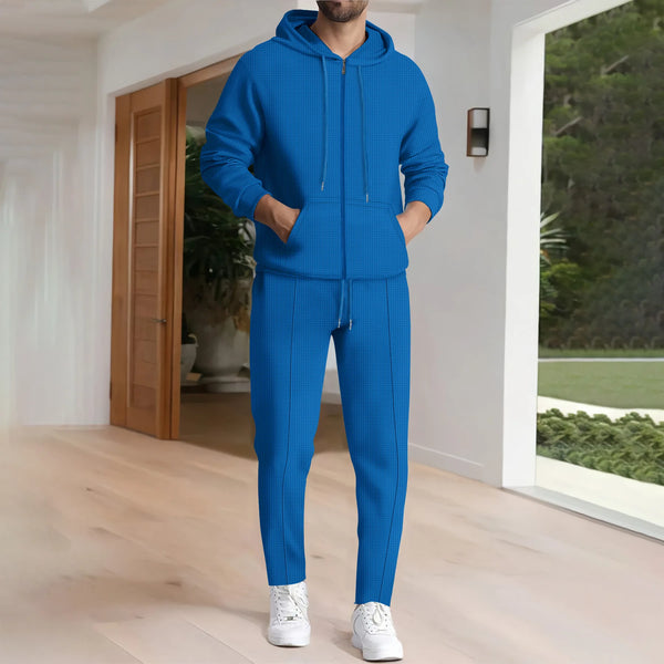 Men's Plain Waffle Long Sleeve Pants Suit