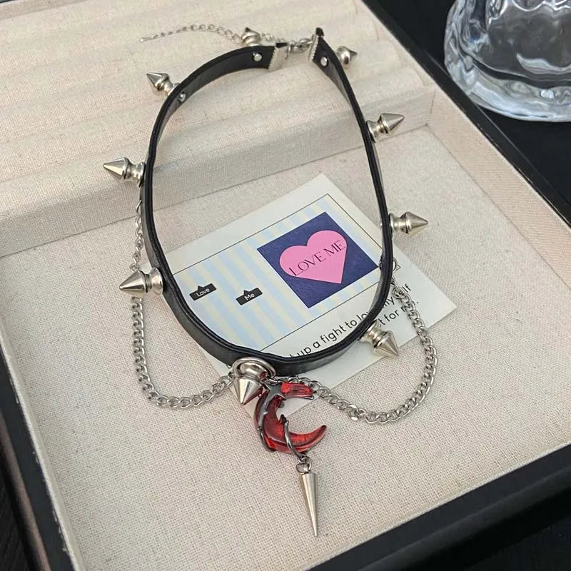 Punk Crystal Cross Moon Pendent Necklace