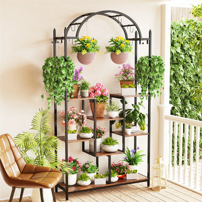 Arched metal flower shelf with hanging hooks