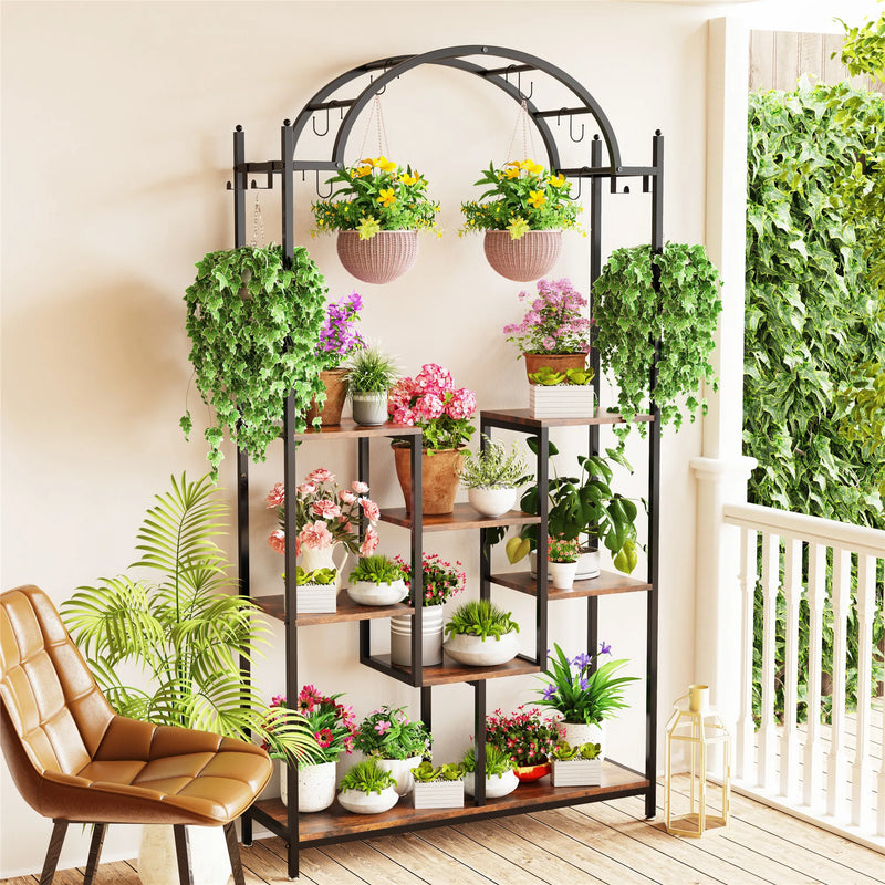 Arched Metal Flower Shelf with Hanging Hooks