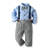 Long Sleeve Plaid Bowtie Tops+Suspender Pants Set