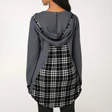 Casual Hooded Top with Patchwork Checks Back