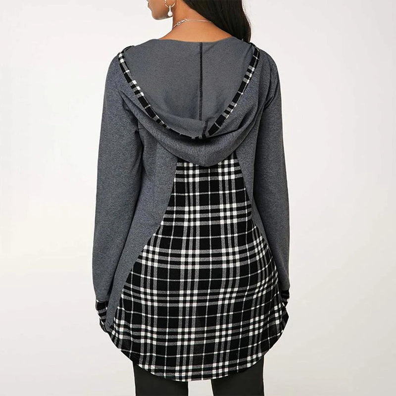 Casual Hooded Top with Patchwork Checks Back