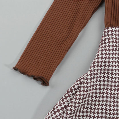 Solid turtleneck tops + plaid suspender skirt set