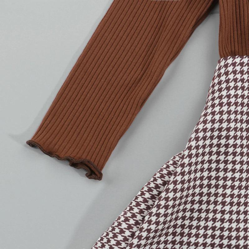 Solid Turtleneck Tops + Plaid Suspender Skirt Set