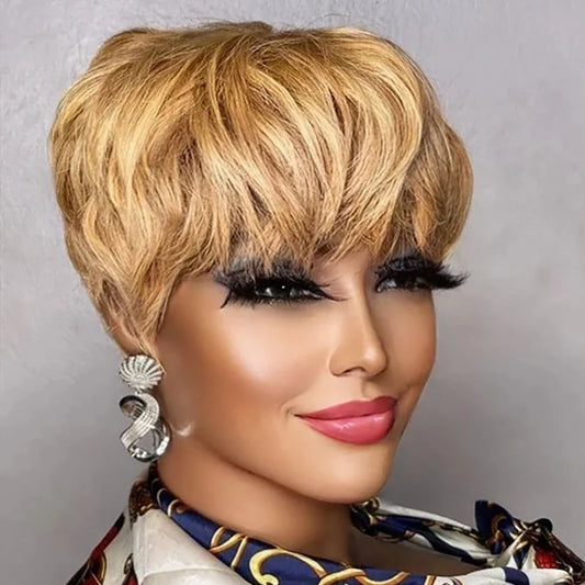 Brown short pixie cut human hair wig