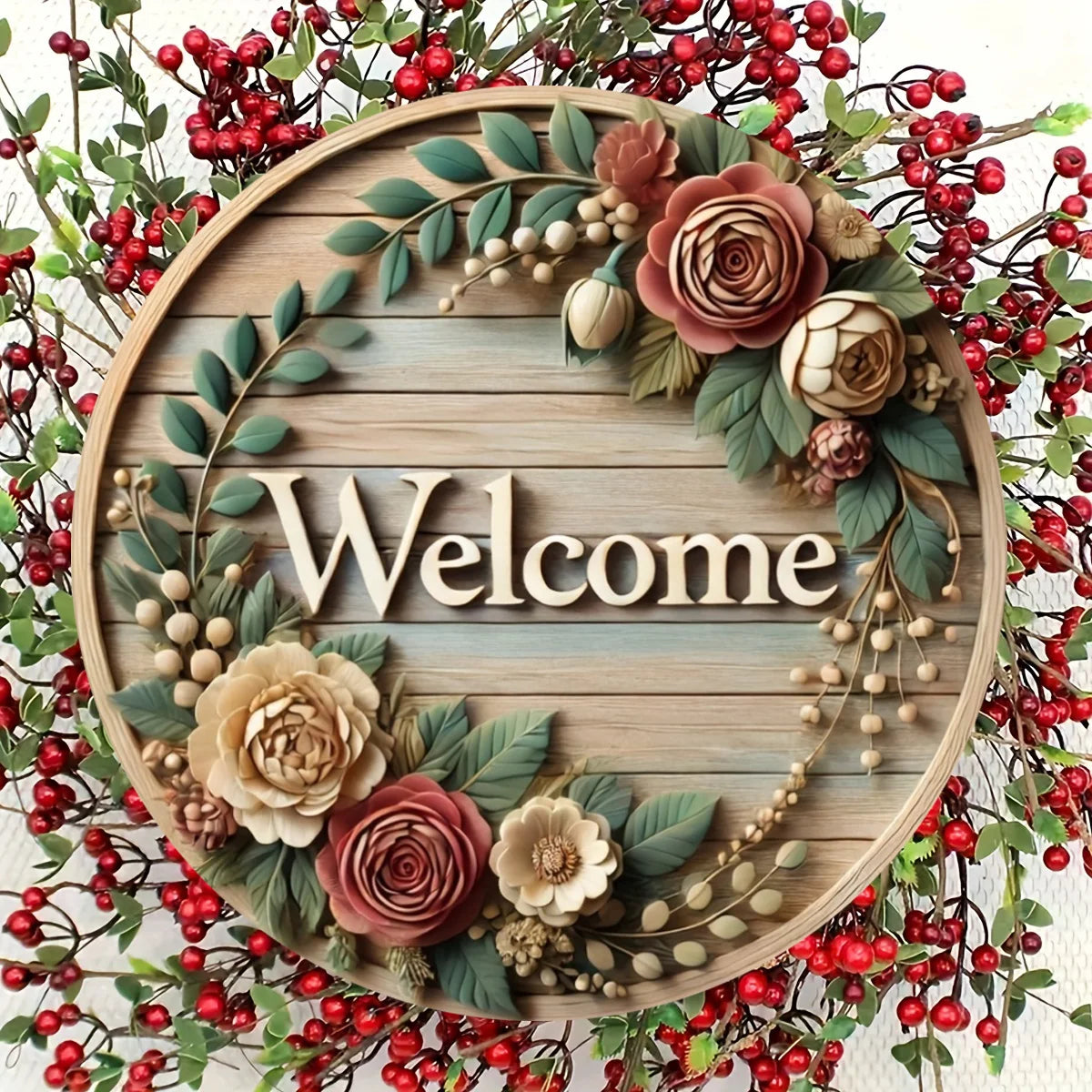 Round retro wooden wreath welcome sign for home decoration