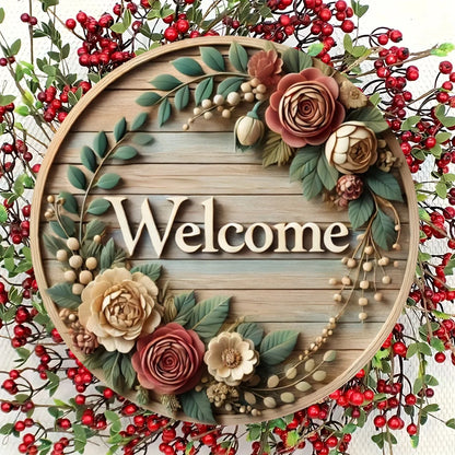 Round retro wooden wreath welcome sign for home decoration