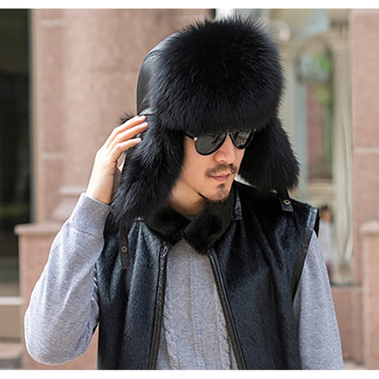 Winter men's fox fur bomber hat
