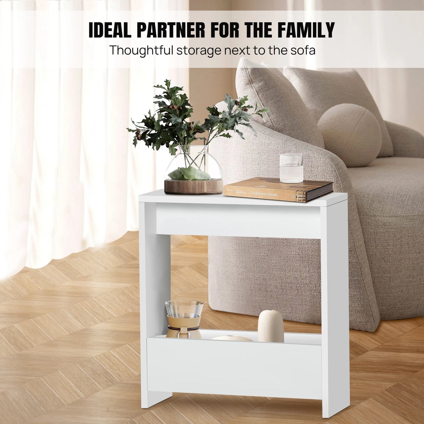 Narrow side table with storage shelf