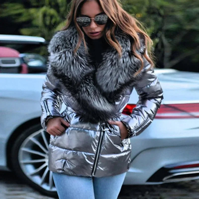 Down cotton padded parkas big fur collar coat