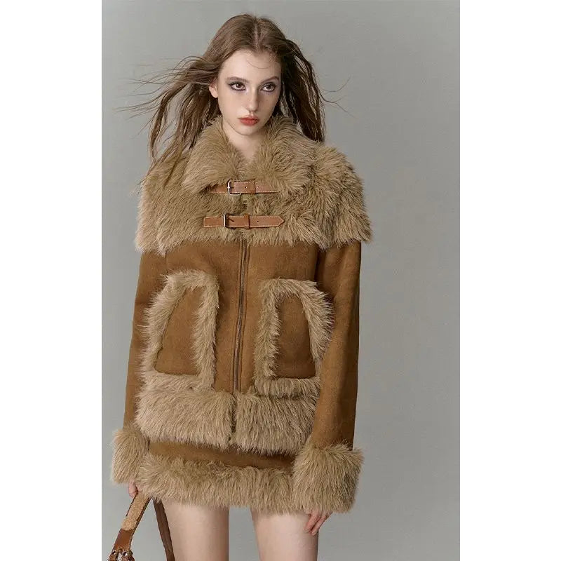 Imitation fur spliced short skirt two-piece suit