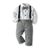 Long Sleeve Plaid Bowtie Tops+Suspender Pants Set