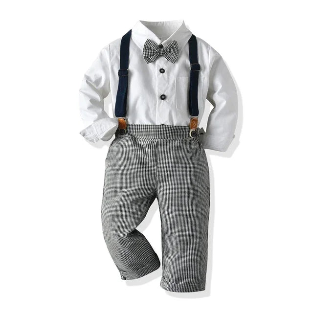 Long Sleeve Plaid Bowtie Tops+Suspender Pants Set